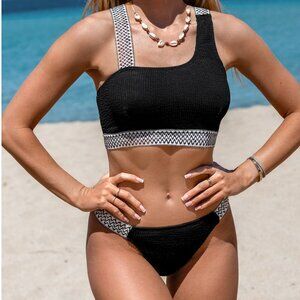 Black Geo Asymmetrical Bikini Top & High-Cut Bottoms Set